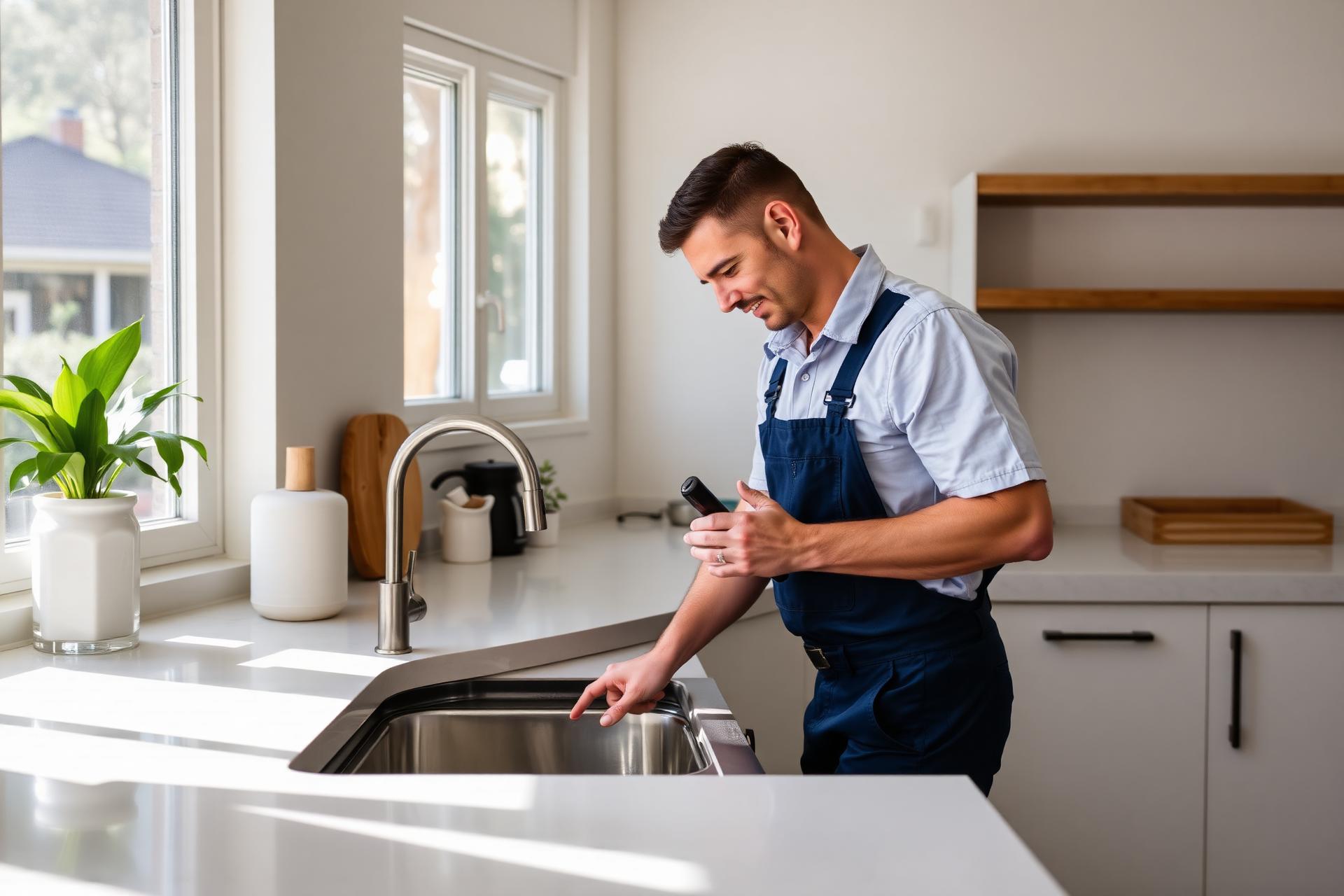 Plumber working in modern kitchen